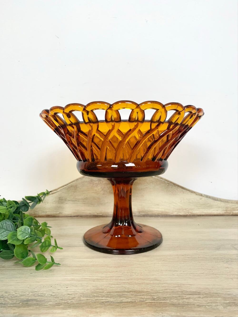 Vintage Amber Glass Pedestal Bowl Fruit Compote Open Lattice Cottagecore Retro